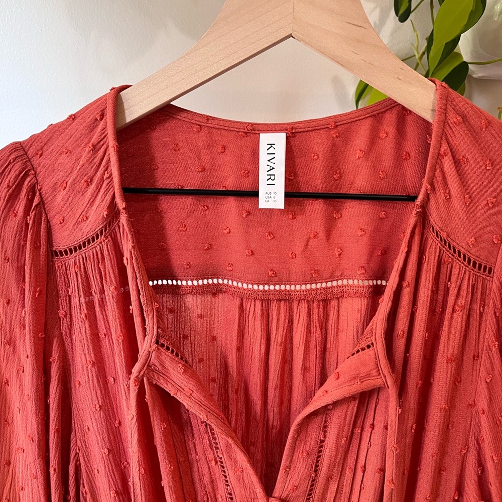 Kivari Boho Maxi Dress Rusty Orange Red Balloon Sleeve Tiered Pockets Size 6 - Picture 12 of 14